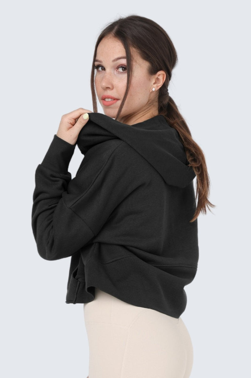 Rumi Earth - W Moon Cropped Sweatshirt Fleece Hoodie + Zip - Black - R113335BKP - Tops