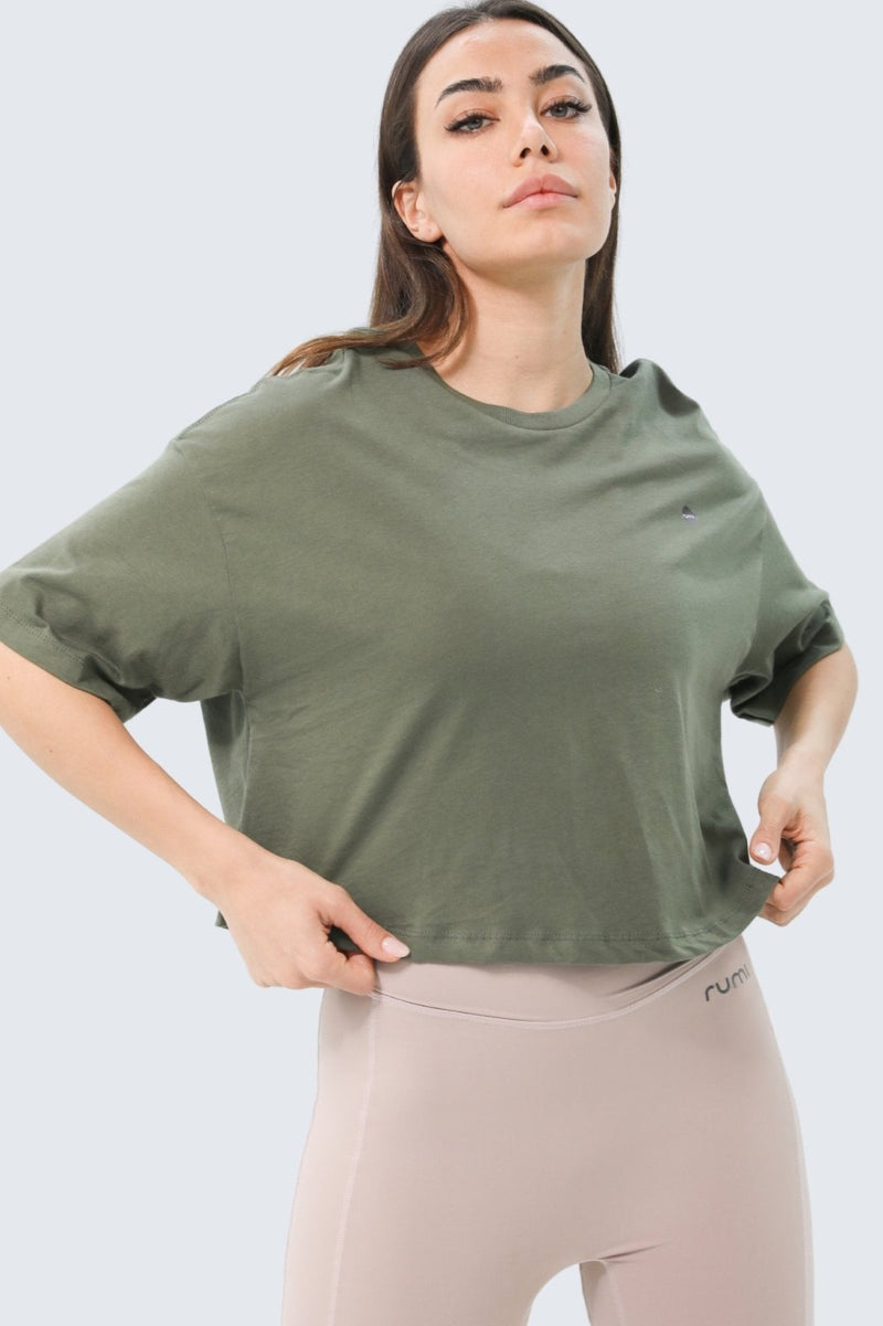 Rumi Earth - W Moon Oversized Cropped Tee - Olive - R111112OLP - Tops