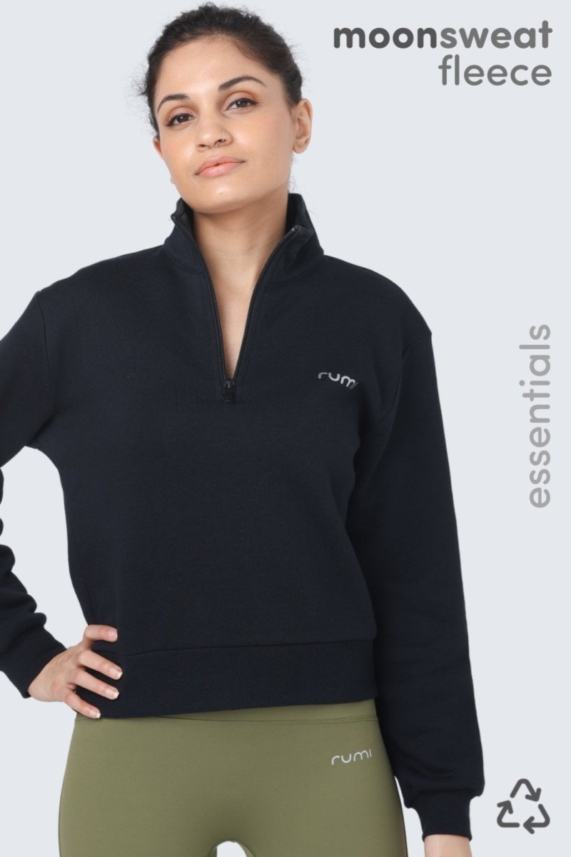 Rumi Earth - W Moon Sweatshirt Fleece Mock - Neck Half - Zip - Black - R112900BKP - Tops