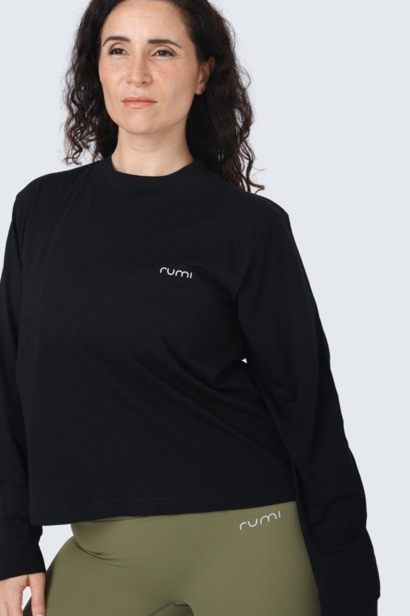 Rumi Earth - W Moon Tee Mock - Neck Long - Sleeve - Black - R111222BKP - Tops